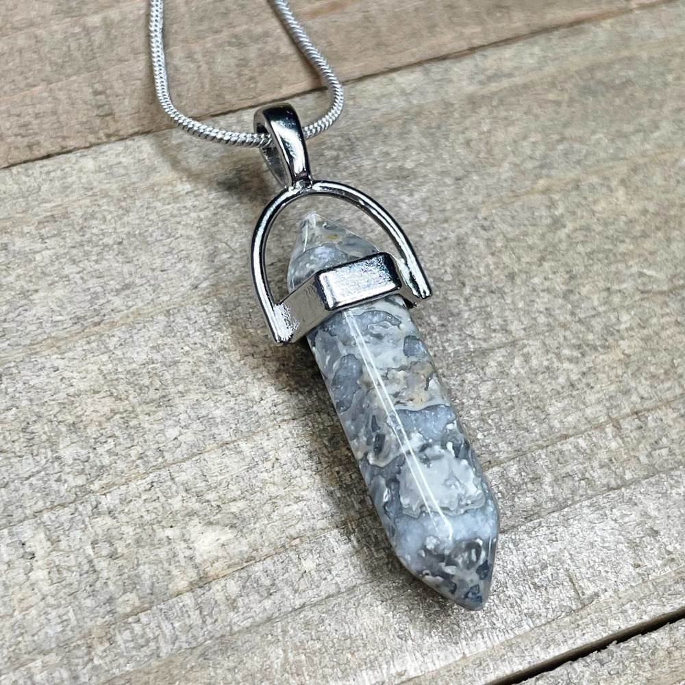 Gray Crazy Lace Agate Crystal Pendant Necklace on 18" Silver Snake Chain #037